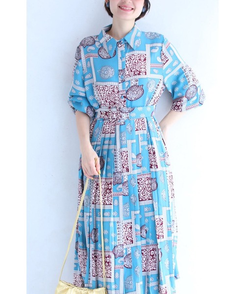 美しいブルーのスカーフ柄 プリーツミディアムワンピース ワンピース Cawaii カワイイ のファッション通販 Zozotown