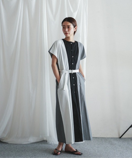 FIL DE FER(フィルデフェール)の「ストライプコンビ カラーコンビワンピース(シャツワンピース・レディース・グレー・FREE)」の2枚目の写真
