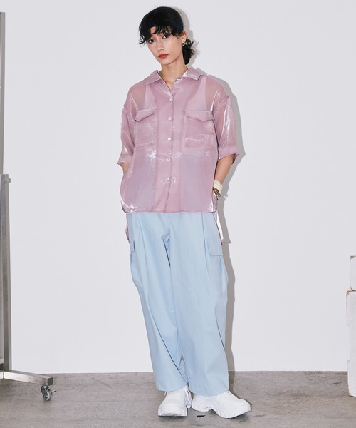 Bonjour Girl（ボンジュールガール）の「シースルー オーガンジー半袖シャツ（シャツ/ブラウス・レディース・アイボリー/グリーン/ピンク・FREE）」の4枚目の写真