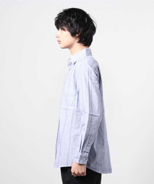 NAVY（ネイビー）の「ハイブリッドリネン 長袖シャツ ストライプ（シャツ/ブラウス・メンズ・ブルー/ホワイト・M/L/S/XL）」の16枚目の写真