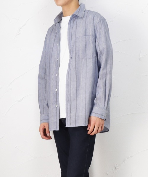 NAVY（ネイビー）の「ハイブリッドリネン 長袖シャツ ストライプ（シャツ/ブラウス・メンズ・ブルー/ホワイト・M/L/S/XL）」の7枚目の写真