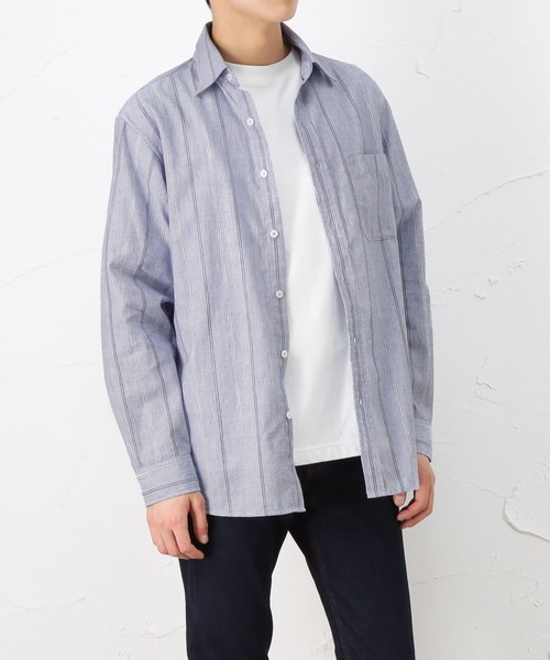 NAVY（ネイビー）の「ハイブリッドリネン 長袖シャツ ストライプ（シャツ/ブラウス・メンズ・ブルー/ホワイト・M/L/S/XL）」の13枚目の写真