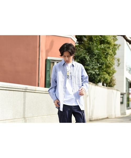 NAVY（ネイビー）の「ハイブリッドリネン 長袖シャツ ストライプ（シャツ/ブラウス・メンズ・ブルー/ホワイト・M/L/S/XL）」の9枚目の写真