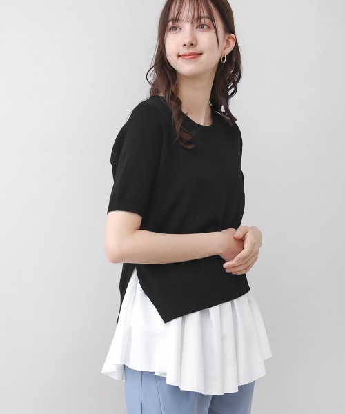 Bou Jeloud（ブージュルード）の「レイヤードシャツ+アシメヘムニットＳＥＴ（ニット/セーター・レディース・ブラック/ネイビー/グレー/イエロー・FREE）」の2枚目の写真