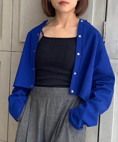 moment+(モーメントプラス)の「綿ストレッチリブ スナップボタンショート2WAYカーデ(カーディガン/ボレロ・レディース・ブラック/パープル/レッド/杢グレー/グリーン/ライトグリーン/ブルー/オレンジ/グリーン系その他/イエロー×グリーン・M/L)」の15枚目の写真