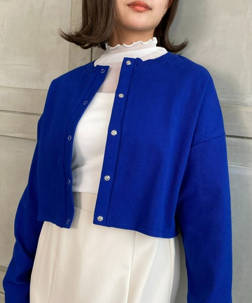 moment+(モーメントプラス)の「綿ストレッチリブ スナップボタンショート2WAYカーデ(カーディガン/ボレロ・レディース・ブラック/パープル/レッド/杢グレー/グリーン/ライトグリーン/ブルー/オレンジ/グリーン系その他/イエロー×グリーン・M/L)」の22枚目の写真