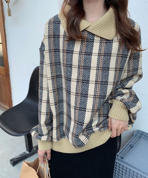 meJane(ミージェーン)の「襟配色リブニットドッキングチェック柄プルオーバー【ZOZOTOWN限定】(Tシャツ/カットソー・レディース・ブラック/ベージュ・FREE)」の2枚目の写真