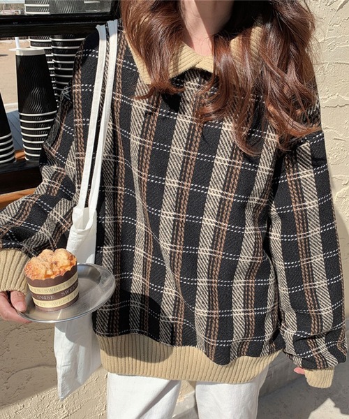 meJane(ミージェーン)の「襟配色リブニットドッキングチェック柄プルオーバー【ZOZOTOWN限定】(Tシャツ/カットソー・レディース・ブラック/ベージュ・FREE)」の1枚目の写真