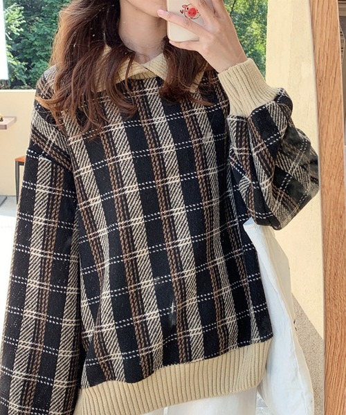 meJane(ミージェーン)の「襟配色リブニットドッキングチェック柄プルオーバー【ZOZOTOWN限定】(Tシャツ/カットソー・レディース・ブラック/ベージュ・FREE)」の6枚目の写真