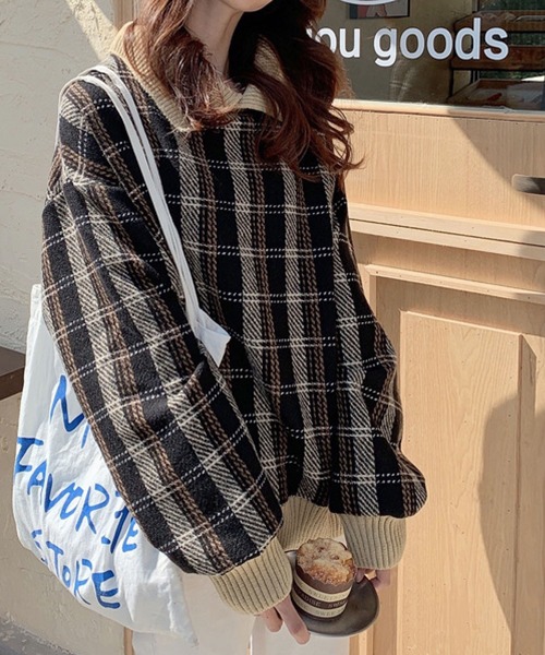 meJane(ミージェーン)の「襟配色リブニットドッキングチェック柄プルオーバー【ZOZOTOWN限定】(Tシャツ/カットソー・レディース・ブラック/ベージュ・FREE)」の12枚目の写真