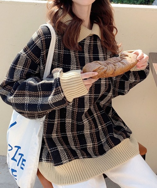 meJane(ミージェーン)の「襟配色リブニットドッキングチェック柄プルオーバー【ZOZOTOWN限定】(Tシャツ/カットソー・レディース・ブラック/ベージュ・FREE)」の9枚目の写真