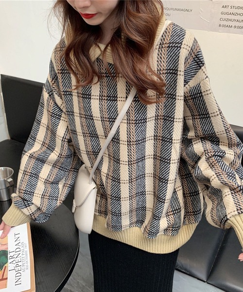 meJane(ミージェーン)の「襟配色リブニットドッキングチェック柄プルオーバー【ZOZOTOWN限定】(Tシャツ/カットソー・レディース・ブラック/ベージュ・FREE)」の4枚目の写真