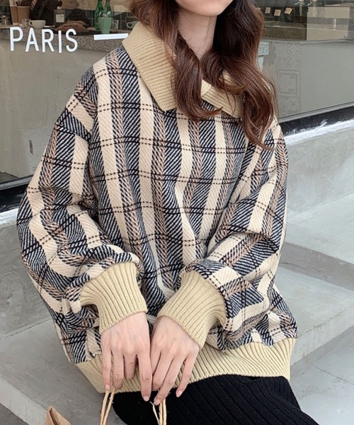 meJane(ミージェーン)の「襟配色リブニットドッキングチェック柄プルオーバー【ZOZOTOWN限定】(Tシャツ/カットソー・レディース・ブラック/ベージュ・FREE)」の7枚目の写真