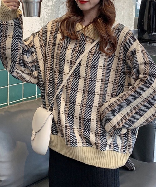 meJane(ミージェーン)の「襟配色リブニットドッキングチェック柄プルオーバー【ZOZOTOWN限定】(Tシャツ/カットソー・レディース・ブラック/ベージュ・FREE)」の10枚目の写真