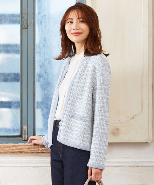 J.PRESS(ジェイプレス)の「【洗える・抗菌防臭】TWEED KNIT カーディガン(カーディガン/ボレロ・レディース・ブラック系1/ベージュ系1/サックスブルー系1・MEDIUM/LARGE)」の1枚目の写真