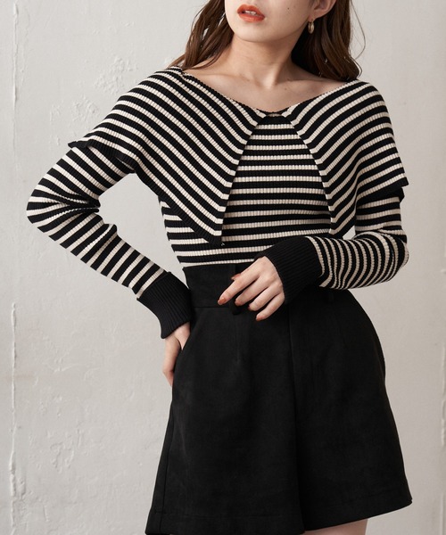 Chico(チコ)の「【新色追加】2wayオフショルセーラーカラーリブニット(ニット/セーター・レディース・ブラック/ブラウン/アイボリー/ホワイト系その他2/ブラウン系その他2/ライトブルー/ホワイト系その他3/ピンク・FREE)」の15枚目の写真