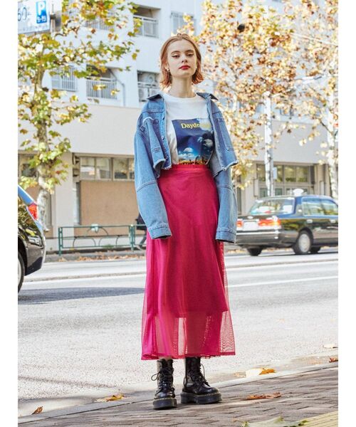 jouetie（ジュエティ）の「メッシュフレアスカート（スカート・レディース・ブラック/オフホワイト/ピンク・MEDIUM）」の4枚目の写真