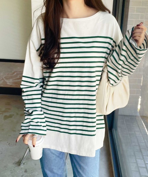 GeeRA（ジーラ）の「コットンパネルボーダールーズプルオーバー（Tシャツ/カットソー・レディース・ホワイト/ブラック/レッド/グリーン/ブルー・SMALL/MEDIUM/X-LARGE/XX-LARGE/LARGE）」の3枚目の写真