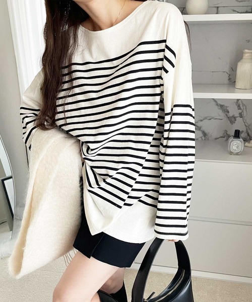 GeeRA（ジーラ）の「コットンパネルボーダールーズプルオーバー（Tシャツ/カットソー・レディース・ホワイト/ブラック/レッド/グリーン/ブルー・SMALL/MEDIUM/X-LARGE/XX-LARGE/LARGE）」の11枚目の写真