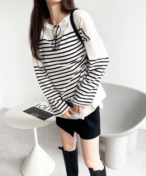 GeeRA（ジーラ）の「コットンパネルボーダールーズプルオーバー（Tシャツ/カットソー・レディース・ホワイト/ブラック/レッド/グリーン/ブルー・SMALL/MEDIUM/X-LARGE/XX-LARGE/LARGE）」の12枚目の写真