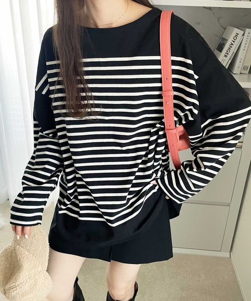 GeeRA（ジーラ）の「コットンパネルボーダールーズプルオーバー（Tシャツ/カットソー・レディース・ホワイト/ブラック/レッド/グリーン/ブルー・SMALL/MEDIUM/X-LARGE/XX-LARGE/LARGE）」の16枚目の写真