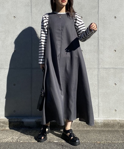 AS KNOW AS PINKY（アズノゥアズピンキー）の「柄めいたばさり前後ジャンパースカート（ジャンパースカート・レディース・チャコールグレー/モカ/ベージュ/ベージュ系その他/ブルー系その他・FREE）」の2枚目の写真