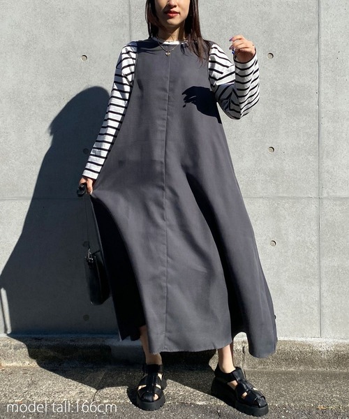 AS KNOW AS PINKY（アズノゥアズピンキー）の「柄めいたばさり前後ジャンパースカート（ジャンパースカート・レディース・チャコールグレー/モカ/ベージュ/ベージュ系その他/ブルー系その他・FREE）」の8枚目の写真