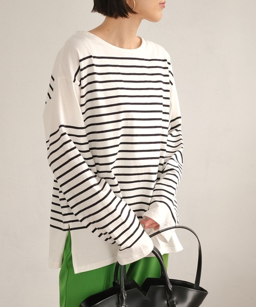 ANDJ(アンドジェイ)の「パネルボーダーロングTシャツ(Tシャツ/カットソー・レディース・ブラック/グリーン・M)」の1枚目の写真