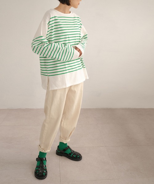 ANDJ(アンドジェイ)の「パネルボーダーロングTシャツ(Tシャツ/カットソー・レディース・ブラック/グリーン・M)」の3枚目の写真