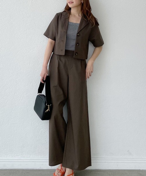 mysty woman（ミスティウーマン）の「ショートシャツ×ワイドパンツセット 273810（セットアップ・レディース・ダークブラウン/ベージュ・FREE）」の2枚目の写真