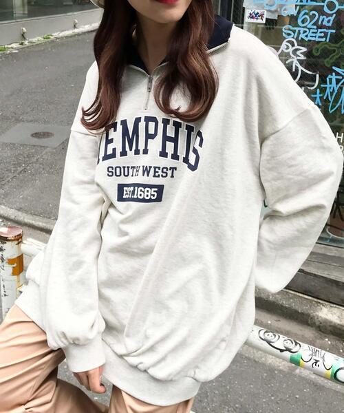 INGNI（イング）の「ハーフZIPロゴ配色スウェットトップス（Tシャツ/カットソー・レディース・ネイビー/グリーン/オートミール/ベージュ系3・M）」の2枚目の写真