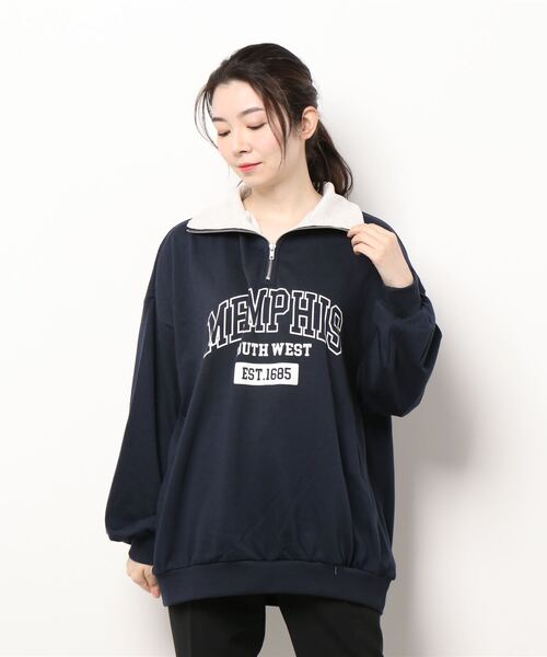 INGNI（イング）の「ハーフZIPロゴ配色スウェットトップス（Tシャツ/カットソー・レディース・ネイビー/グリーン/オートミール/ベージュ系3・M）」の4枚目の写真