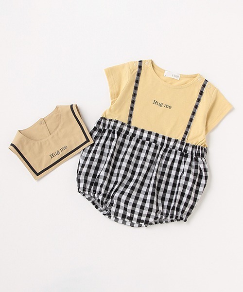 b・ROOM(ビールーム)の「カバーオール&スタイセット(チェック)(ロンパース・キッズ・オフホワイト/ベージュ/ブルーグレー・80cm/70cm)」の1枚目の写真