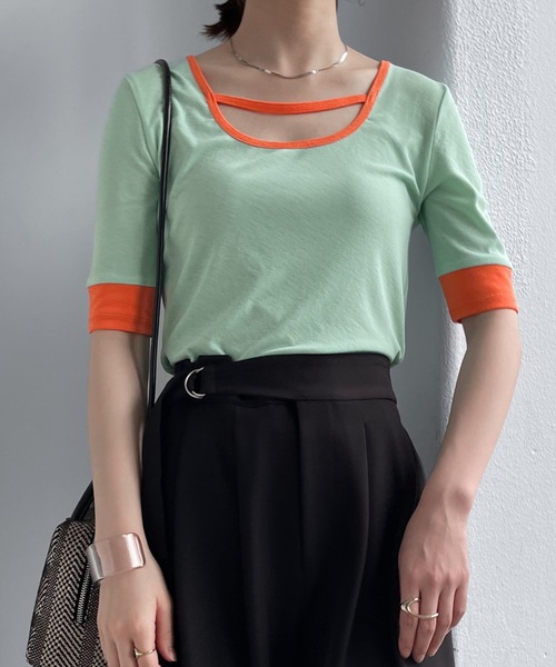 Solace(ソレイス)の「UネックバイカラーリンガーT/前後2WAY(Tシャツ/カットソー・レディース・ホワイト/パープル/レッド/ライトグリーン・FREE)」の16枚目の写真