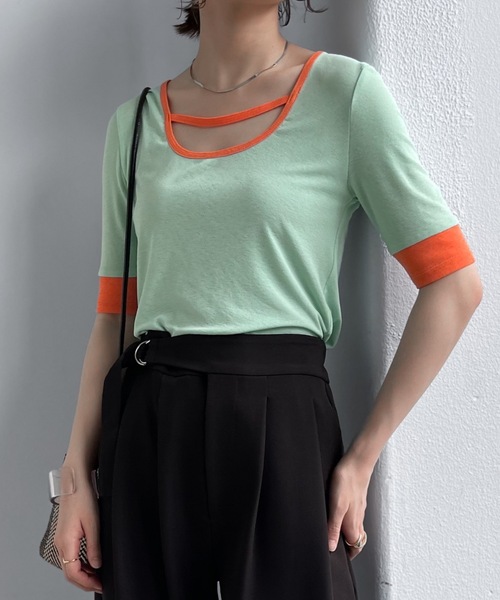 Solace(ソレイス)の「UネックバイカラーリンガーT/前後2WAY(Tシャツ/カットソー・レディース・ホワイト/パープル/レッド/ライトグリーン・FREE)」の17枚目の写真