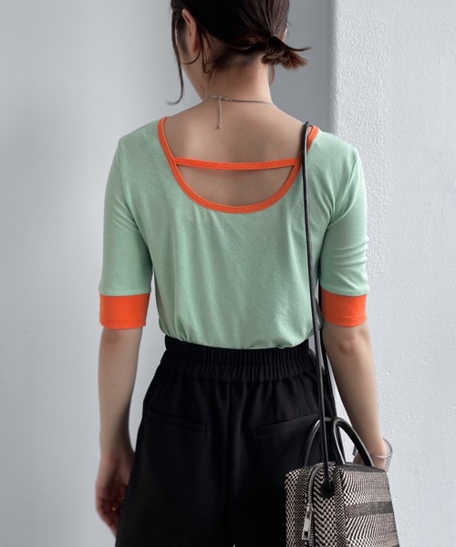 Solace(ソレイス)の「UネックバイカラーリンガーT/前後2WAY(Tシャツ/カットソー・レディース・ホワイト/パープル/レッド/ライトグリーン・FREE)」の20枚目の写真