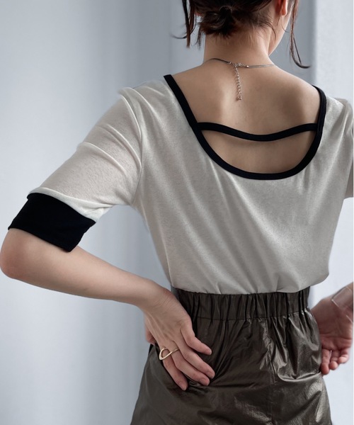 Solace(ソレイス)の「UネックバイカラーリンガーT/前後2WAY(Tシャツ/カットソー・レディース・ホワイト/パープル/レッド/ライトグリーン・FREE)」の9枚目の写真