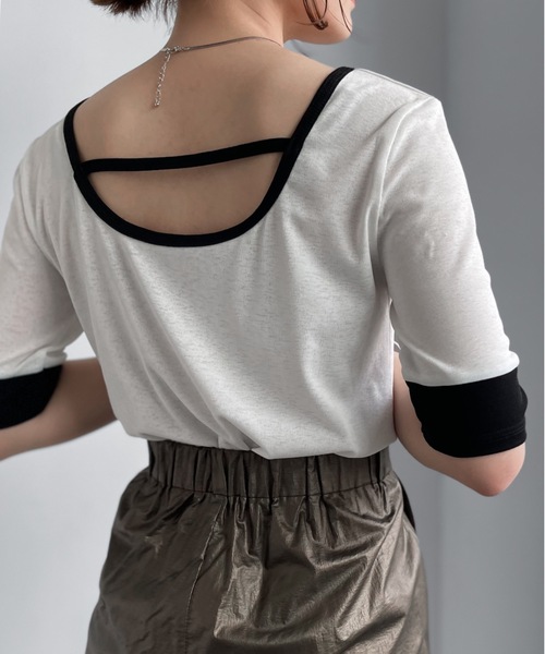 Solace(ソレイス)の「UネックバイカラーリンガーT/前後2WAY(Tシャツ/カットソー・レディース・ホワイト/パープル/レッド/ライトグリーン・FREE)」の10枚目の写真