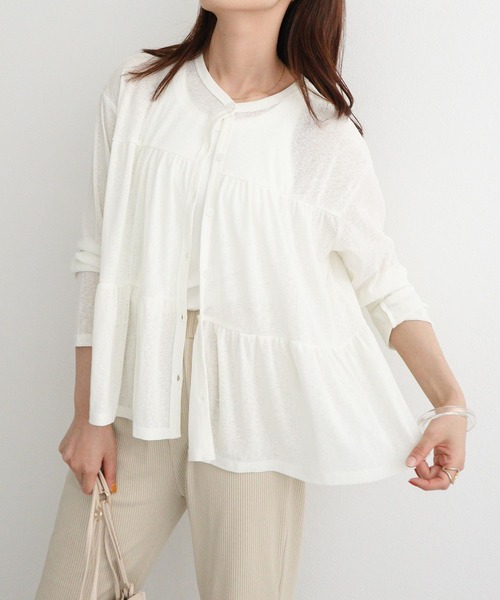 KOBE LETTUCE(コウベレタス)の「ティアードシアーニットソーカーディガン(カーディガン/ボレロ・レディース・ブラック/オフホワイト/ライトパープル/ベビーピンク/レモンイエロー・FREE)」の2枚目の写真