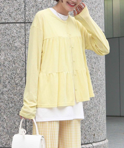 KOBE LETTUCE(コウベレタス)の「ティアードシアーニットソーカーディガン(カーディガン/ボレロ・レディース・ブラック/オフホワイト/ライトパープル/ベビーピンク/レモンイエロー・FREE)」の4枚目の写真