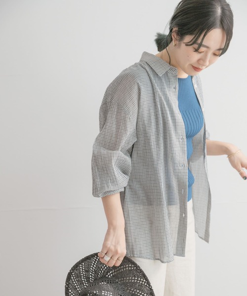 ITEMS URBANRESEARCH（アイテムズ アーバンリサーチ）の「チェックシアーオーバーシャツ（シャツ/ブラウス・レディース・ホワイト/ネイビー/グリーン・FREE）」の2枚目の写真