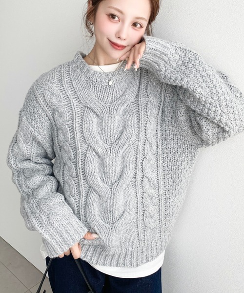 moment+(モーメントプラス)の「ローゲージケーブルニットプルオーバー(ニット/セーター・レディース・ピンク/オレンジ/ブルー/アイボリー/イエロー×グリーン/グレイッシュベージュ/グレー/チャコールグレー/モカ/ネイビー/杢グレー・FREE/L/M)」の18枚目の写真