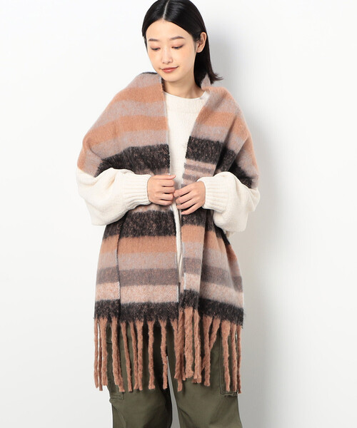 Purple&Yellow(パープルアンドイエロー)の「太フリンジ ボーダーストール(ストール/ショール・メンズ・ブラウン/パープル/ブラック・FREE)」の1枚目の写真