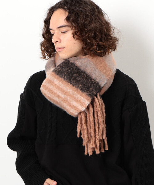 Purple&Yellow(パープルアンドイエロー)の「太フリンジ ボーダーストール(ストール/ショール・メンズ・ブラウン/パープル/ブラック・FREE)」の4枚目の写真