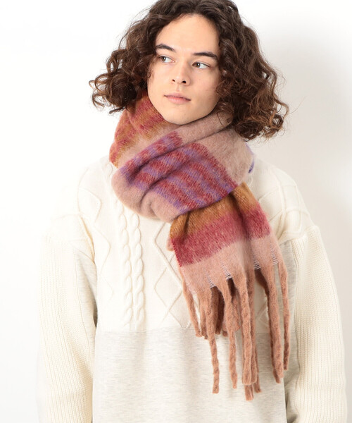 Purple&Yellow(パープルアンドイエロー)の「太フリンジ ボーダーストール(ストール/ショール・メンズ・ブラウン/パープル/ブラック・FREE)」の7枚目の写真