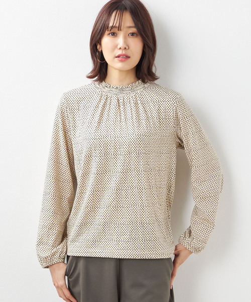 Petit Honfleur(プチオンフルール)の「★春アイテム★【裏起毛】フリルドットプリントプルオーバー(Tシャツ/カットソー・レディース・ネイビー/ベージュ/グリーン・M/L)」の2枚目の写真