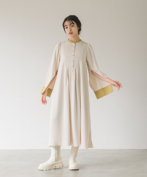 sleeve slit jacquard onepiece/スリット袖ジャガードシャツ