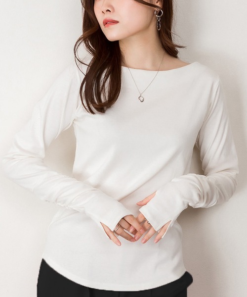 Felt-Maglietta(フェルトマリエッタ)の「ボートネック指穴くしゅくしゅ袖2wayカットソー(Tシャツ/カットソー・レディース・ネイビー/ライトグレー/オフホワイト/チャコールグレー/ブラック/グレイッシュベージュ/カーキ・MEDIUM/LARGE/XXX-LARGE/X-LARGE/XX-LARGE)」の1枚目の写真