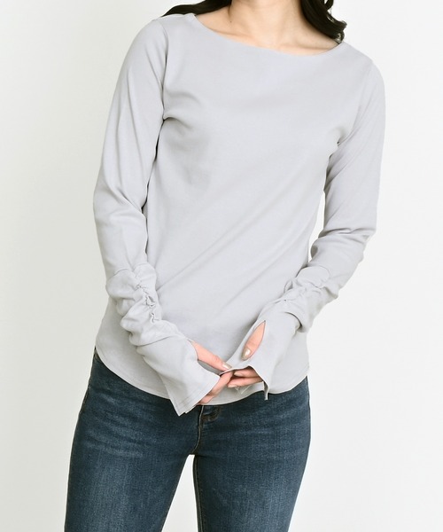 Felt-Maglietta(フェルトマリエッタ)の「ボートネック指穴くしゅくしゅ袖2wayカットソー(Tシャツ/カットソー・レディース・ネイビー/ライトグレー/オフホワイト/チャコールグレー/ブラック/グレイッシュベージュ/カーキ・MEDIUM/LARGE/XXX-LARGE/X-LARGE/XX-LARGE)」の22枚目の写真