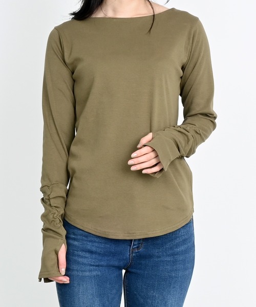 Felt-Maglietta(フェルトマリエッタ)の「ボートネック指穴くしゅくしゅ袖2wayカットソー(Tシャツ/カットソー・レディース・ネイビー/ライトグレー/オフホワイト/チャコールグレー/ブラック/グレイッシュベージュ/カーキ・MEDIUM/LARGE/XXX-LARGE/X-LARGE/XX-LARGE)」の9枚目の写真